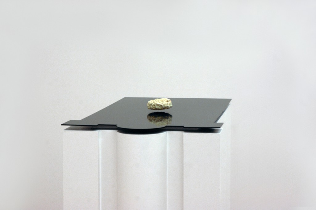 [Electromagnetic fields, sponge, inox 204, phosphor,linoleum, wood pedestal, 130x60x80 cm]