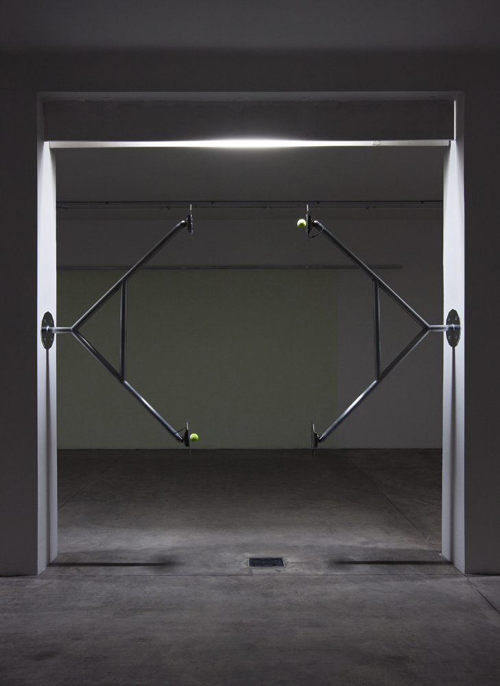 [Electromagnetic levitation fields, tennis balls, aluminium, 125 x 150 x 30 cm]