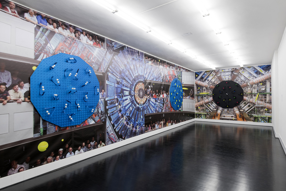 DETECTORS, 2015 Exhibition view Federico Luger (FL Gallery), photo credit Cosimo Filippini Background image credit: CERN (LHC, Atlas Detector) and Michael Hoch (CMS Experiment)